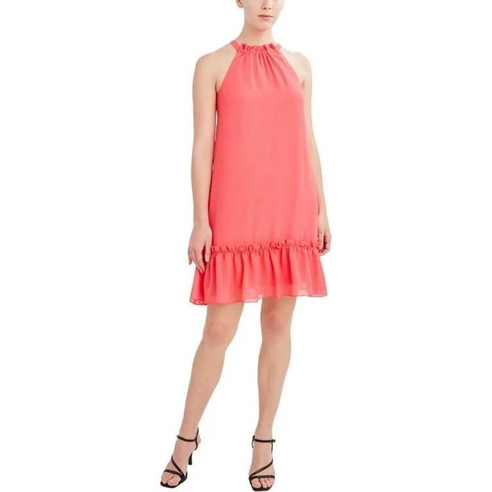 BCBG Paris Dress Women M Coral Pink Halter‎ Ruffle Neck Chiffon Shift Tie Back